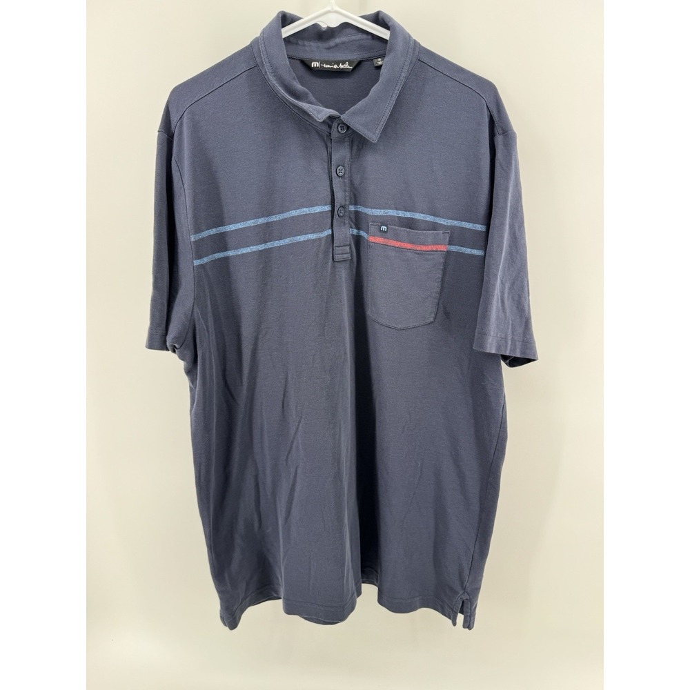 Travis Mathew Men's Striped Polo Shirt Navy Short Sleeve Collared XL‎ Pocket